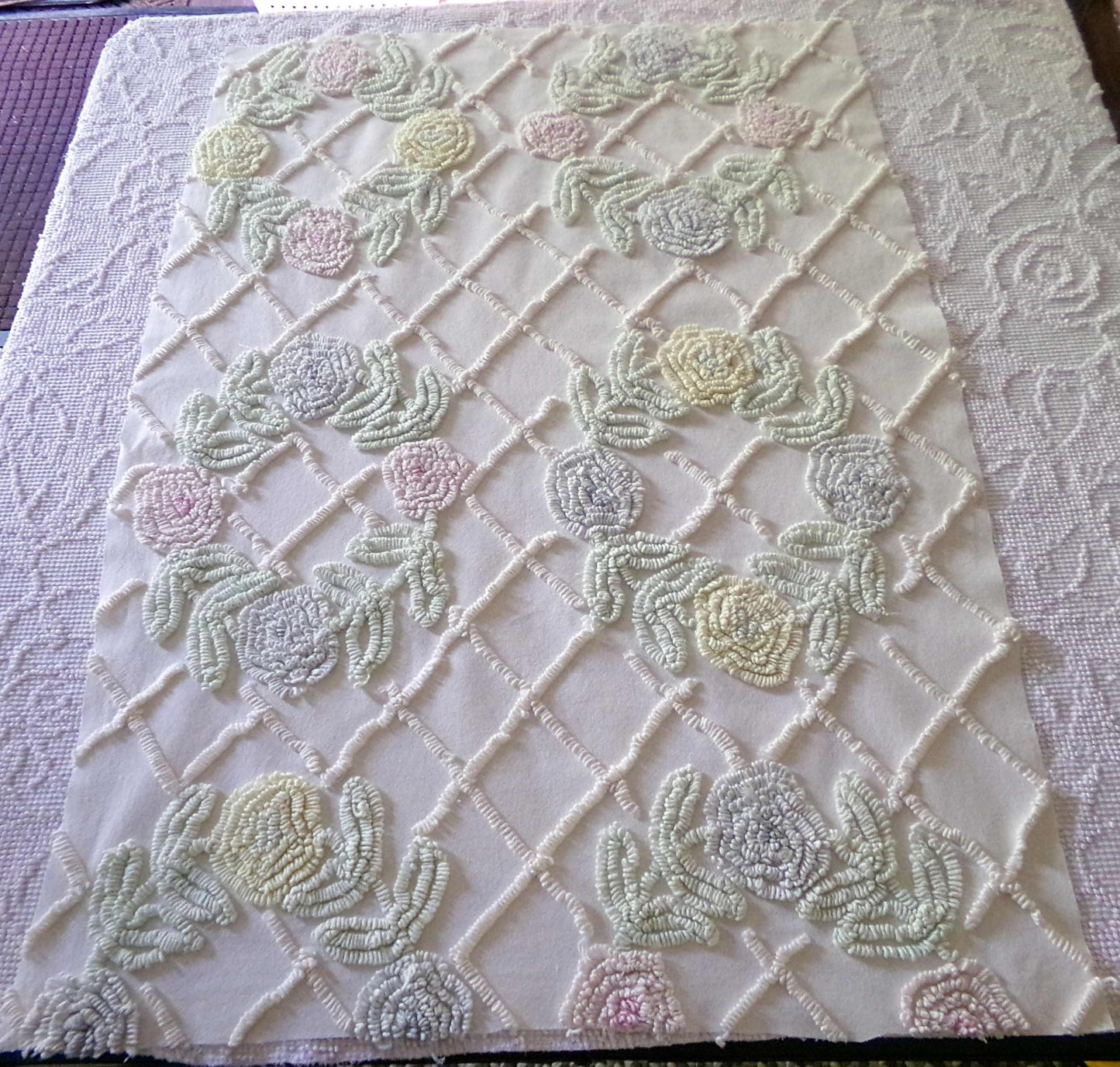 Pastel Spring Floral Wreaths Vintage Chenille FABRIC PIECE, 21" x 30" inches, Antique Cream