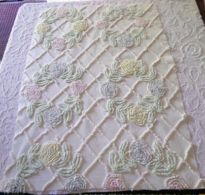 Pastel Spring Floral Wreaths Vintage Chenille FABRIC PIECE, 21" x 30" inches, Antique Cream