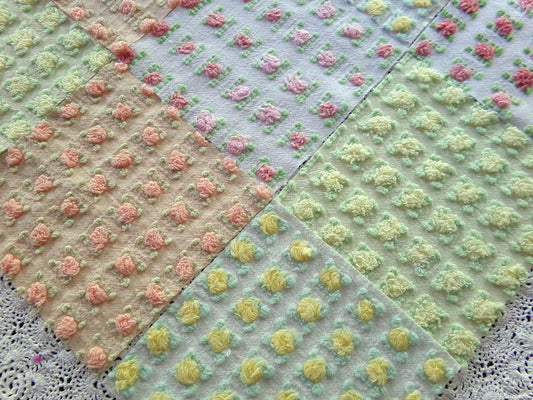 Sunrise Rosebud Chenille Quilt Squares Set, from Vintage Bedspread Fabric, 16 Blocks, 6" inch, in Yellow, Peach, & Ombre Pink Roses