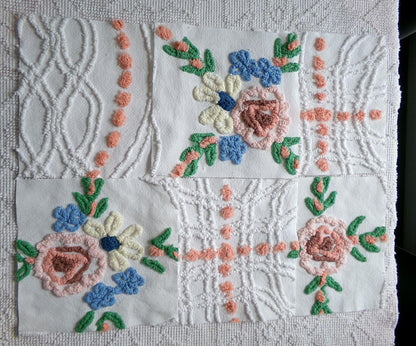 summer garden chenille fabric squares, set of 6 vintage 7.5" quilt blocks, peach, white rose floral & geometric for sewing, crafts, quilting