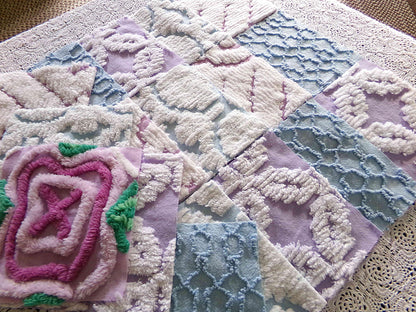 sleep softly chenille fabric squares, serene blue, lilac & white, 17 vintage quilt blocks 6" x 6" inch, for pillows, quilting, crafts