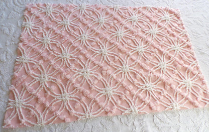 Pretty Peachy Pink Vintage Chenille Fabric Piece, Spider Ring Overtufted Pop Design, Pretty in Quilts & Pillows, 27" x 18" Sewing Material