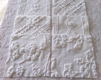 white 9.5" chenille fabric squares, set of 6 large quilt blocks, neutral rose & geometric prints for sewing, crafts