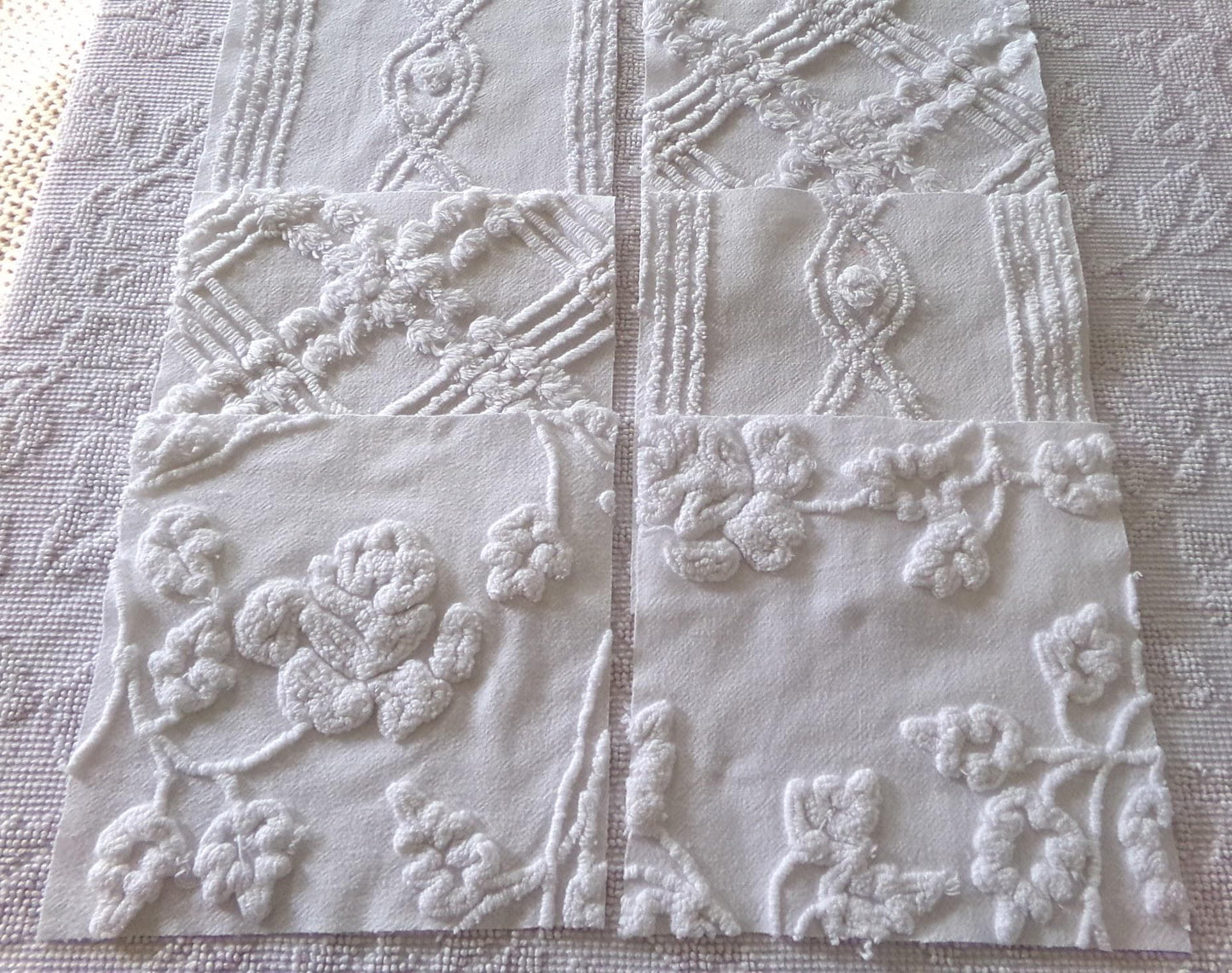 rambling rose vintage chenille fabric squares, set of 6 large 9.5" white quilt blocks, floral & geometric prints for sewing, quilting