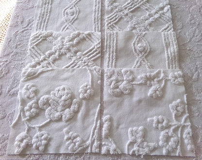 rambling rose vintage chenille fabric squares, set of 6 large 9.5" white quilt blocks, floral & geometric prints for sewing, quilting