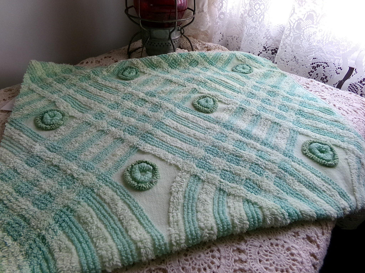 Retro Two Tone Shamrock Green Vintage Chenille Fabric Material, 18" x 31" inch Piece, Donut Dots, Long Tonal Stripes