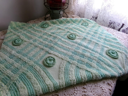 Retro Two Tone Shamrock Green Vintage Chenille Fabric Material, 18" x 31" inch Piece, Donut Dots, Long Tonal Stripes