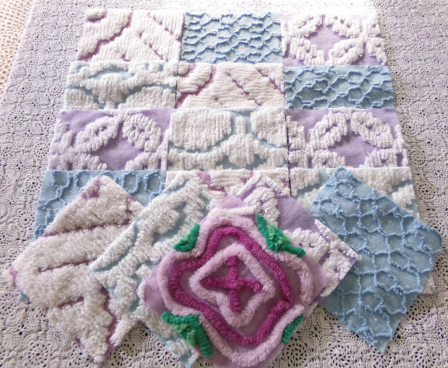 sleep softly chenille fabric squares, serene blue, lilac & white, 17 vintage quilt blocks 6" x 6" inch, for pillows, quilting, crafts