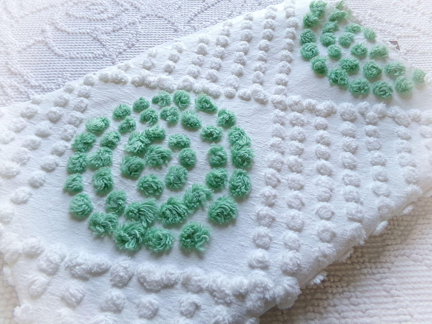 sweet shamrock green vintage chenille fabric, diamond circle pattern, 16" x 24" piece of white cotton sewing material for quilts, crafts