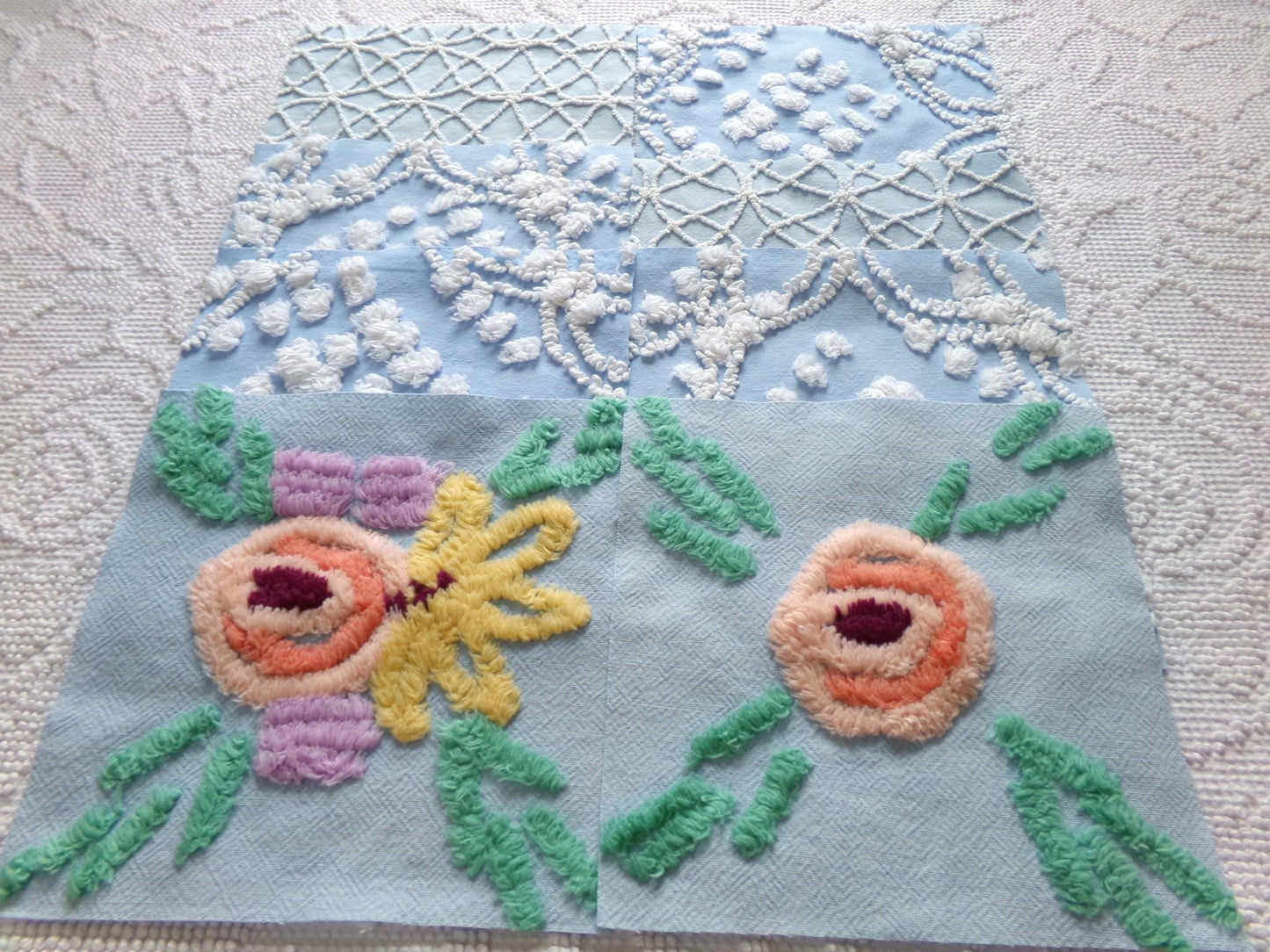 coastal wanderings chenille fabric squares, set of 8 vintage 7.5" quilt blocks, sky blue & white, for sewing, crafts, quilting