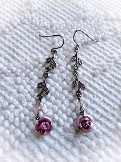 Simple Pink Rose Dangle Pierced Earrings, Vintage Silver Forest Boho Style Jewelry, Dainty Floral With Pink Faux Stones in Little Leaves