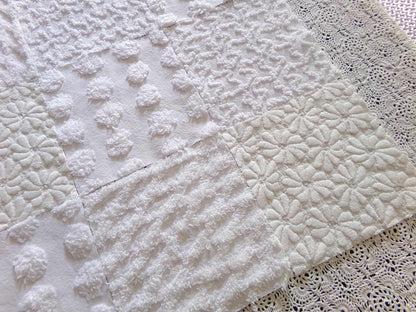 White Fabric Squares Cut from Vintage Woven & Chenille Bedspreads, *Daisies in Snow* Shades of White, 16 Quilt Blocks, 6" x 6" inch each