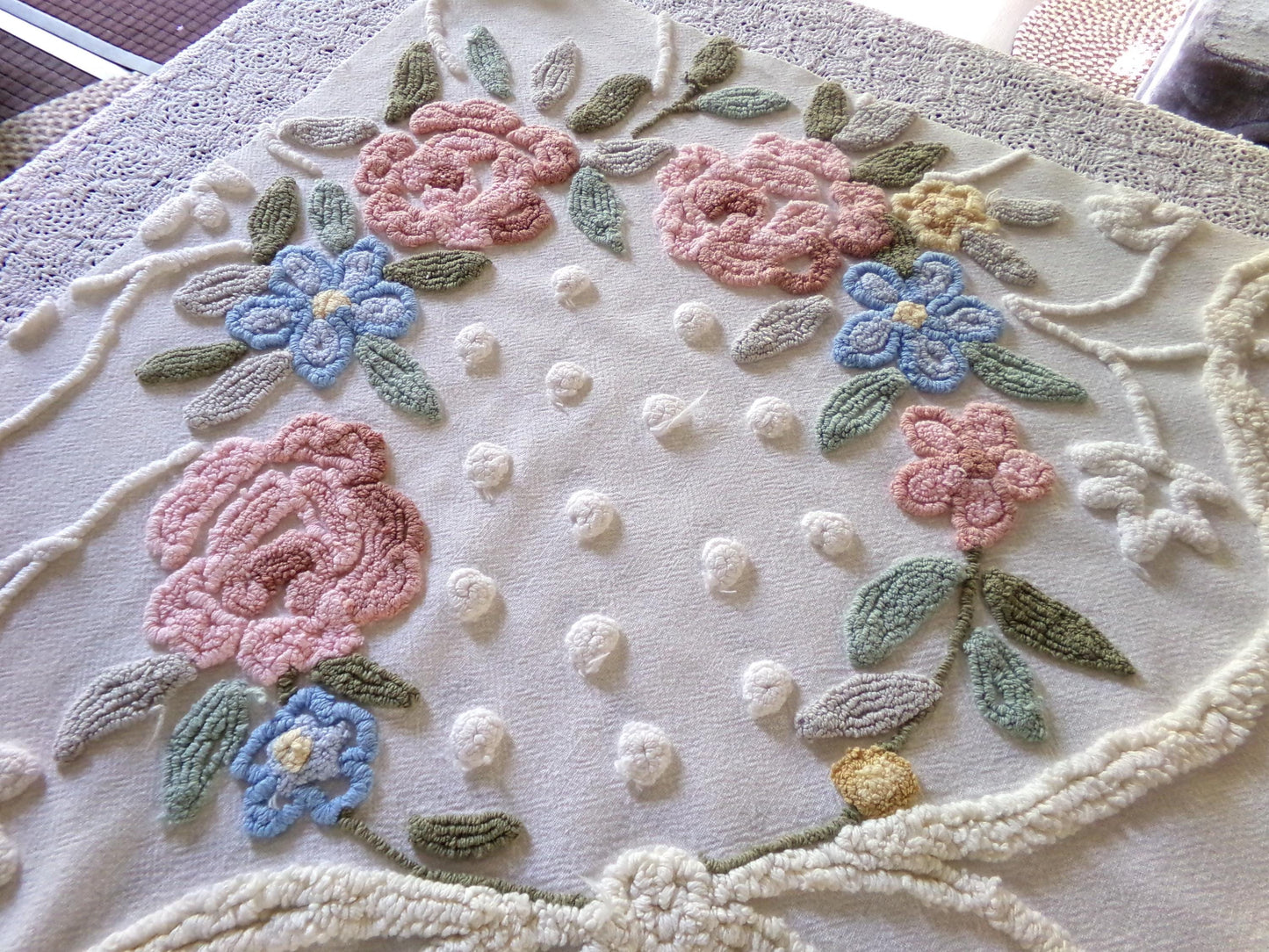 Romantic Cottage Chic Vintage Chenille Fabric, 28" x 26" Piece, Needletuft Floral Wreath Ivy Bow, for Quilting, Sewing, Fiber Arts, Crafts
