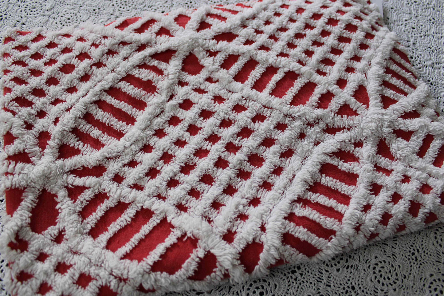 red & white chenille fabric, fun festive wedding rings, 19" x 27" inch piece, 100% lightweight cotton, great for vintage Christmas stockings