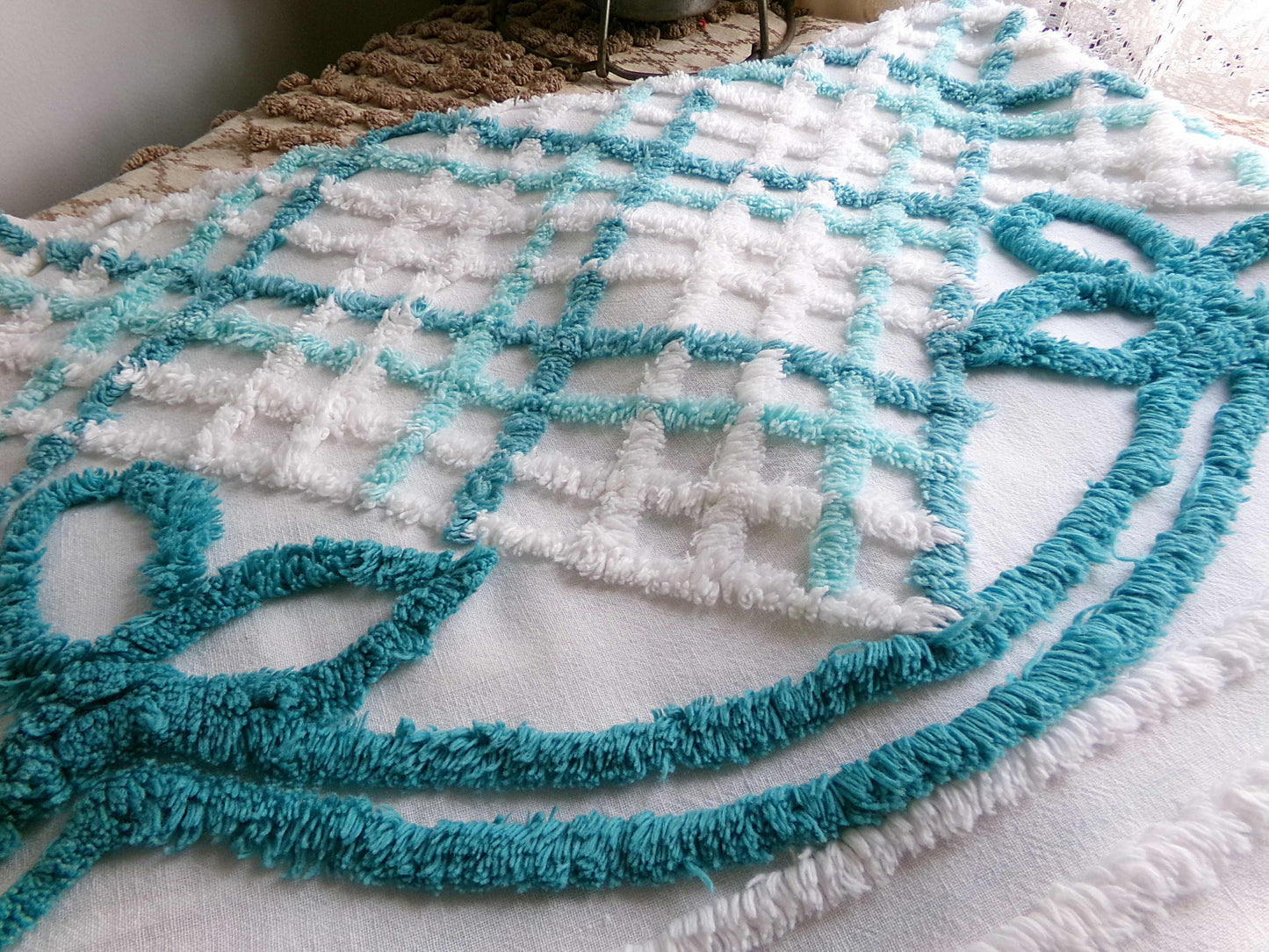 Cute Green Bows Vintage Chenille Fabric, 22" x 28" inch Piece, 100% Cotton, Midcentury Tonal Teal & White