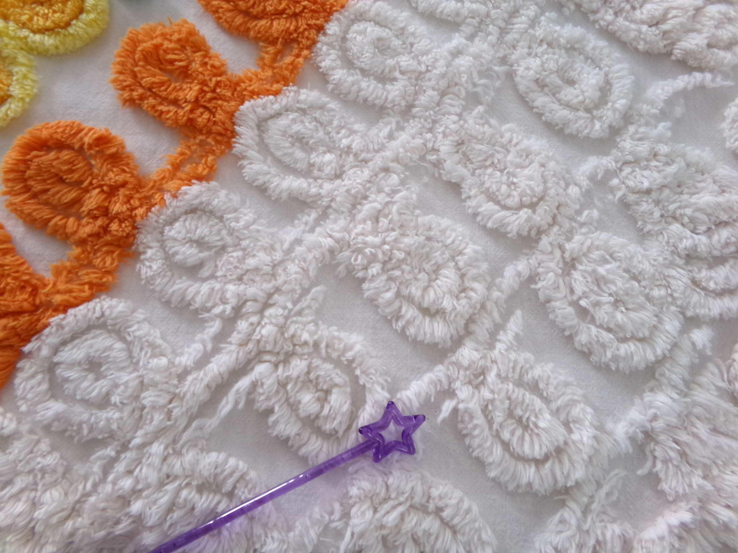 Vintage Chenille Bedspread Quilt Fabric Plush Citrus Orange Swirls & Flowers, 22" x 20" inch piece, Unique Design