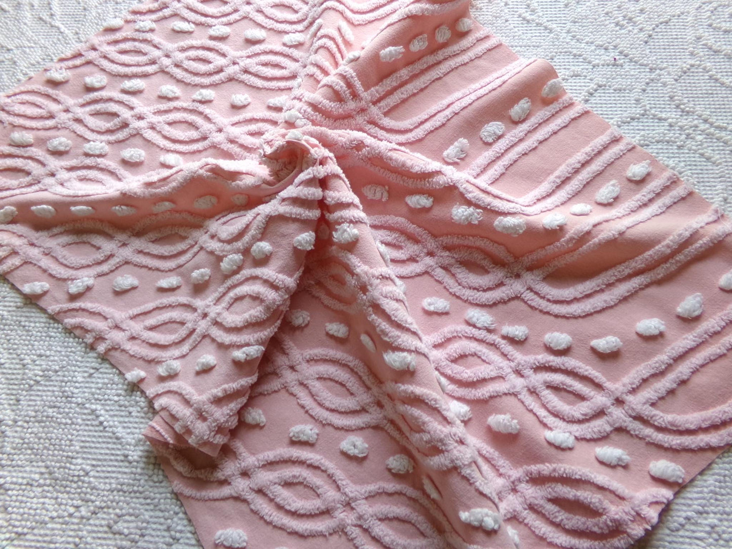 pink eternity link vintage chenille fabric, feminine romantic sewing material for quilts & pillows, 17" x 25" inch piece