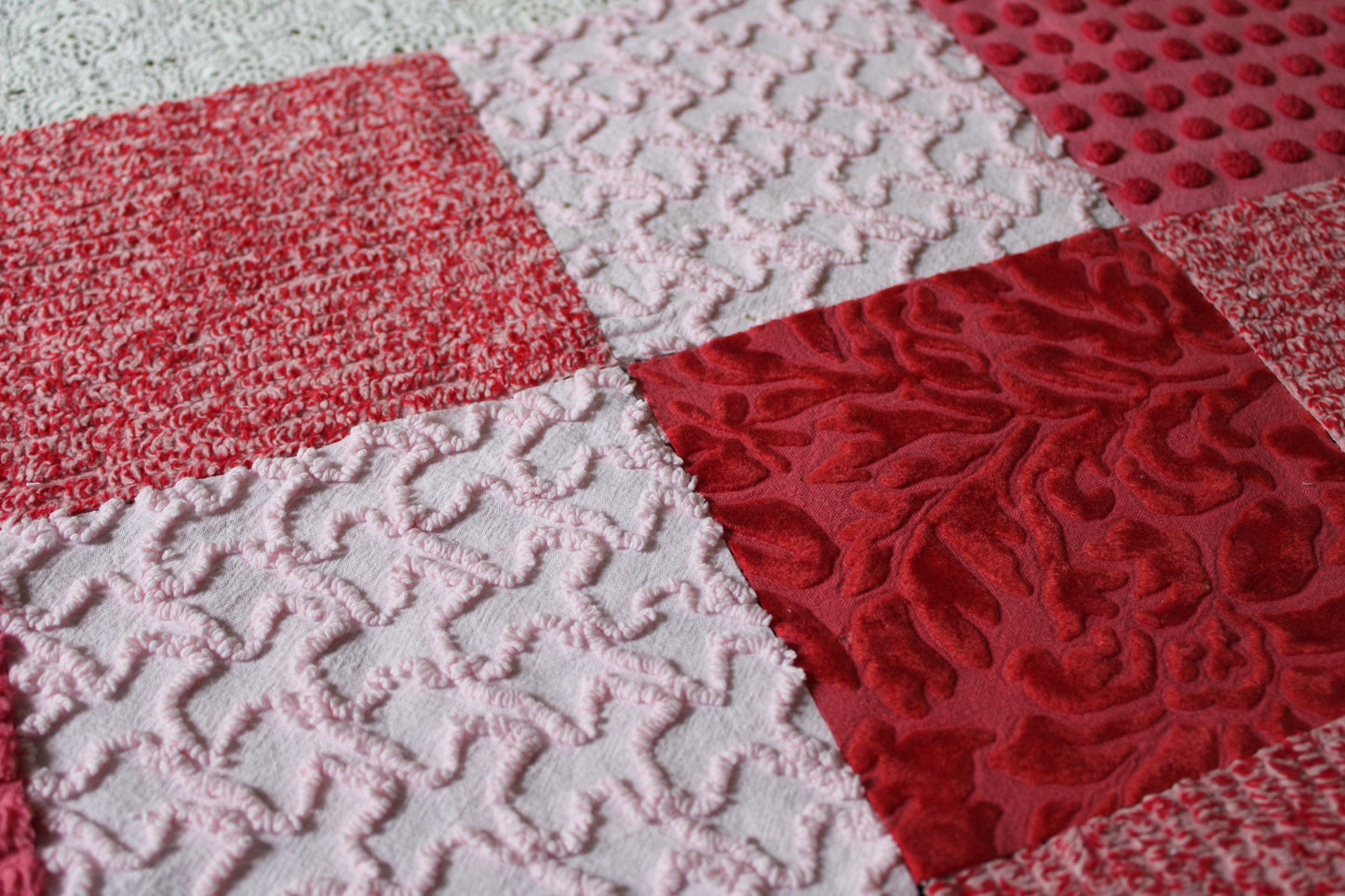Cupid's Kisses Chenille & Velvet Craft Squares Set from Vintage Bedspread Fabric, 16 Blocks, 6" inch in Pink, Red