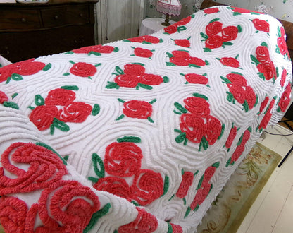 hopeless romantic vintage chenille bedspread, shabby red pinwheel roses in swirl hearts, 100% white cotton full size bedding, pom pom trim