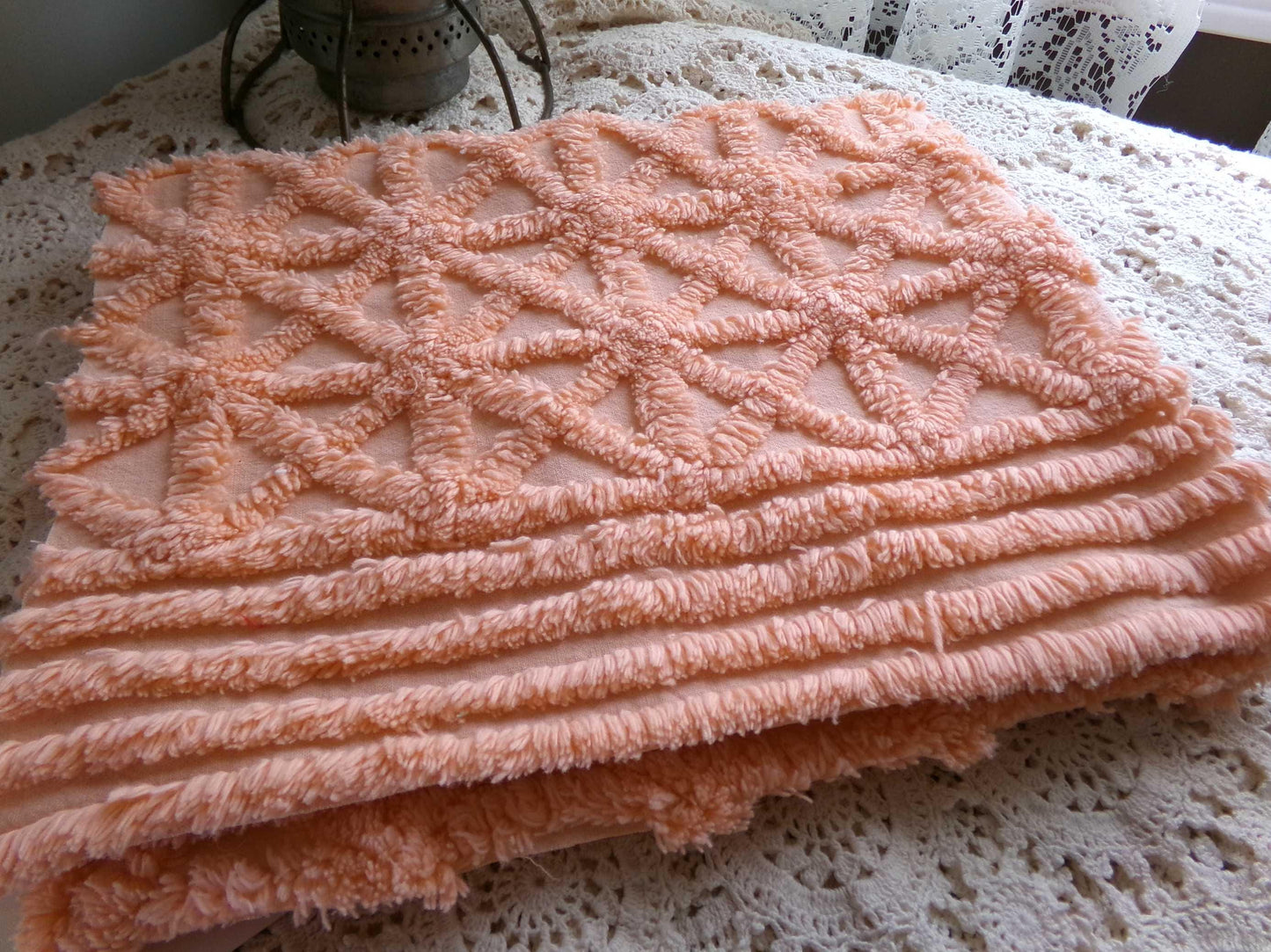 Twinkle Little Star Vintage Chenille Fabric, Plush Peach Glow Sewing & Quilting Material, 19" x 23" inches