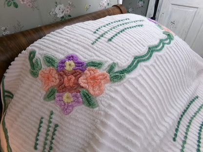 Cottage Getaway Vintage Chenille Bedspread, Green Accents & Colorful Florals on White Cotton, FULL Size Summer Shabby Chic Bedding