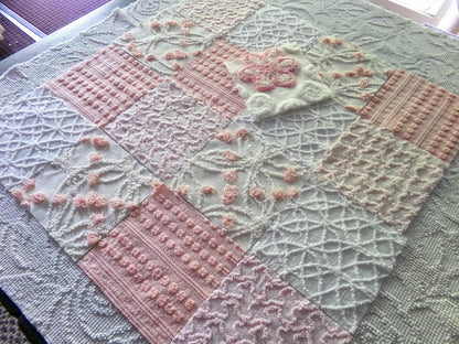 Think Pink Chenille Fabric Squares Set, 17 Vintage Quilt Blocks, 6" inch in Pinks & White