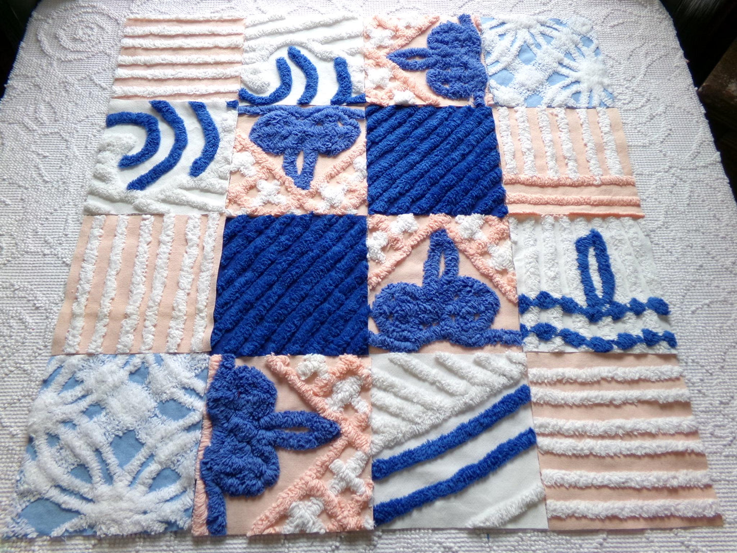 peach frost vintage chenille fabric squares, set of 16 peach & blue quilt blocks 6" ea, for fiber arts, sewing, quilting