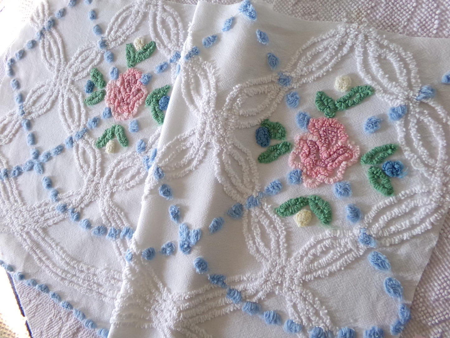 beach cottage fabric, cut from vintage chenille bedspread, 18" x 34" piece with 2 floral motifs, ideal for quilting & sewing