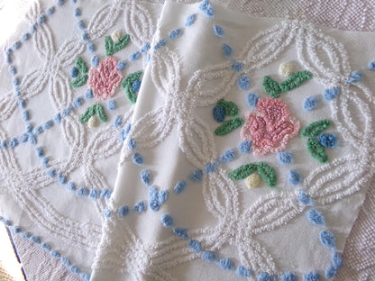 beach cottage fabric, cut from vintage chenille bedspread, 18" x 34" piece with 2 floral motifs, ideal for quilting & sewing