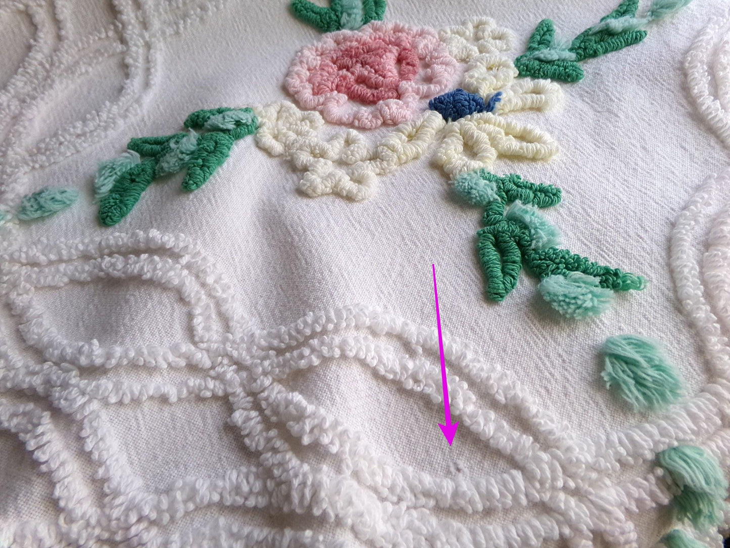 cottage style wildflower vintage chenille fabric, jadeite pops on white cotton, 22" x 23" inch piece of sewing material for quilting, crafts