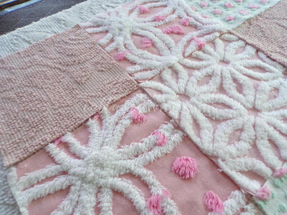 angel pinks vintage chenille fabric squares, rosebuds, daisy patterns, set of 16 quilting blocks, 6" x 6" each, pretty in patchwork pillows