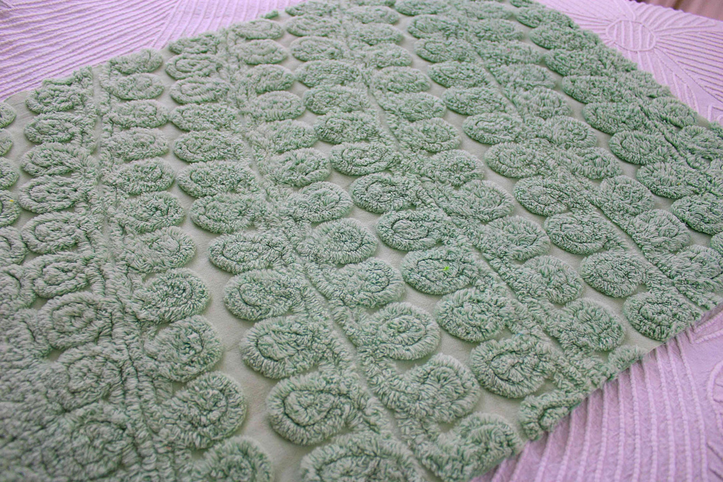 Fluffy Mint Ice Cream Swirl Vintage Chenille Fabric, Plush 20" x 26" inch piece in looping curlicues pattern
