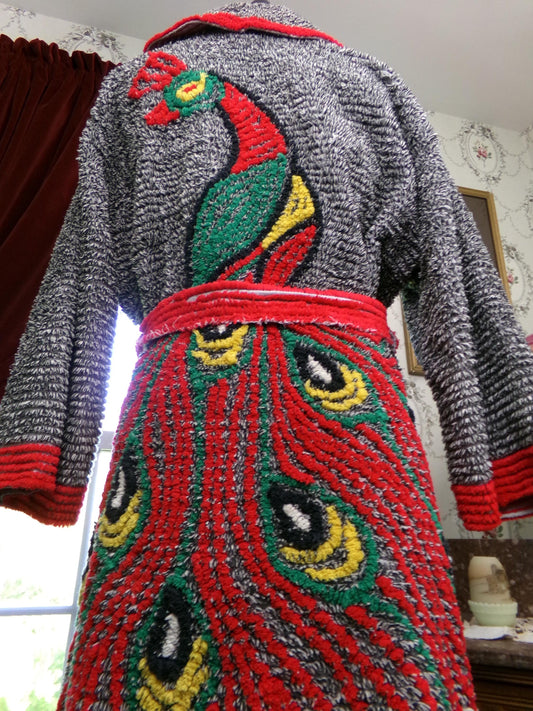 Vintage Chenille Peacock Robe, Short Length Bathrobe or Coverup, Salt 'n Pepper Black & White w/ Red Accents, Handmade