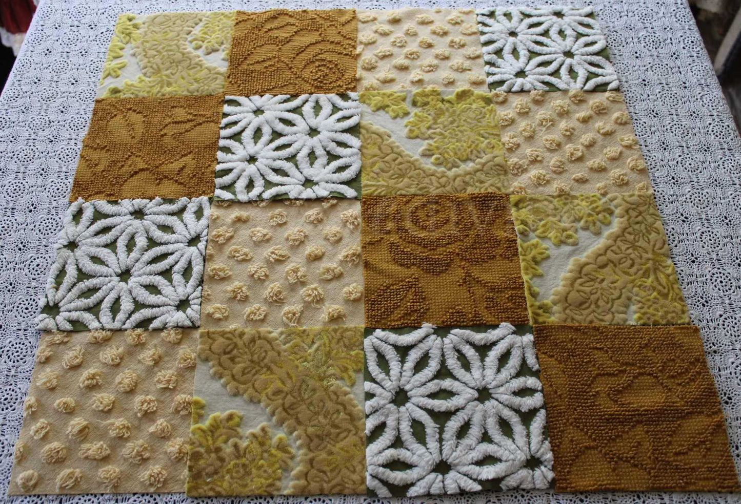 SuMmeR of LoVe Chenille & Velvet Quilt Squares Set, from Vintage Bedspread Fabric, 16 Blocks, 6" x 6" inches each, Earthtone Hippie Vibes
