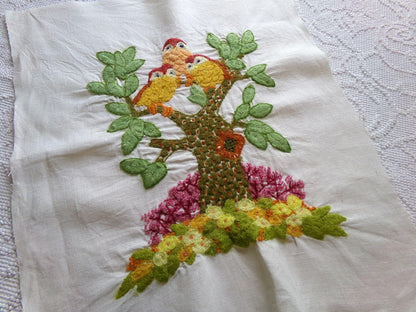 Hippie Fairytale Owl Embroidery Finished 1970s Piece, "Winkin, Blinkin & Nod," Cute Completed Paragon Crewel Stitchery 02236x, 16" x 19"