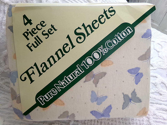 BUTTERFLIES Vintage FULL Flannel Sheet Set, Dreamy Butterfly Pattern, 1 Flat Sheet, 1 Fitted Sheet, 2 Pillowcases, Pure Natural 100% Cotton