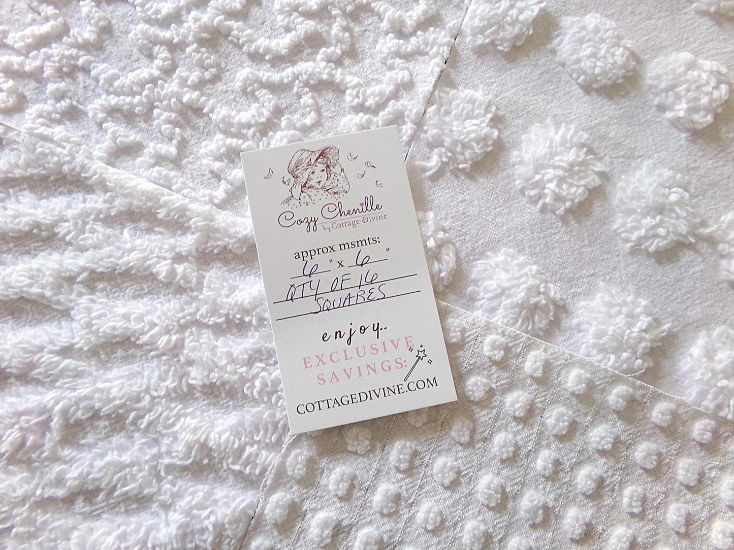 Snow Day White Fabric Squares Cut from Vintage Chenille Bedspreads, 16 Quilt Blocks, 6" x 6" inch each