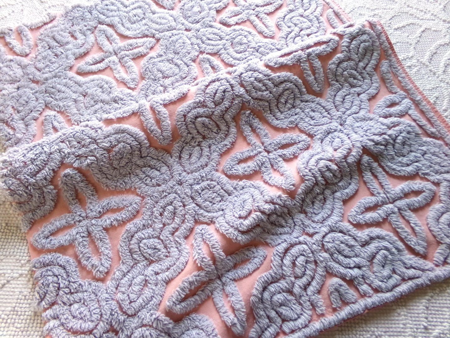 mystic star vintage chenille fabric, plush dusty blue on dreamy pink cotton, for quilting & crafts, 25" x 18" cut piece
