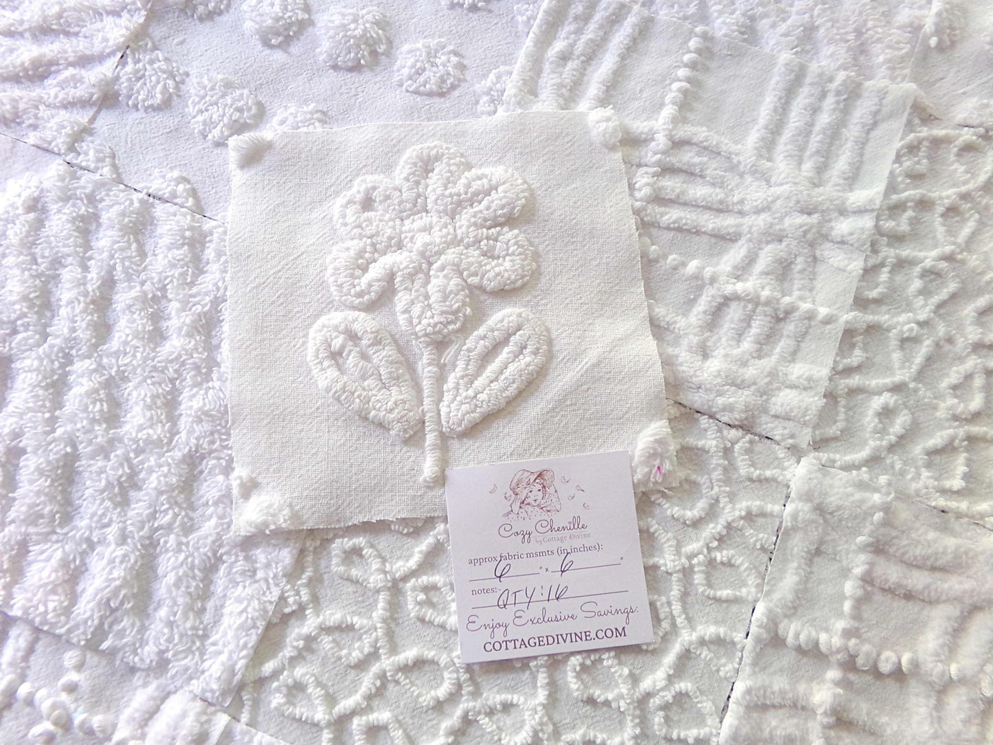 Snowy Whites Chenille Quilt Squares Set from Vintage Bedspread Fabric, 17 Blocks 6" x 6" inch, Pops, Squiggles, Lattice & a Daisy