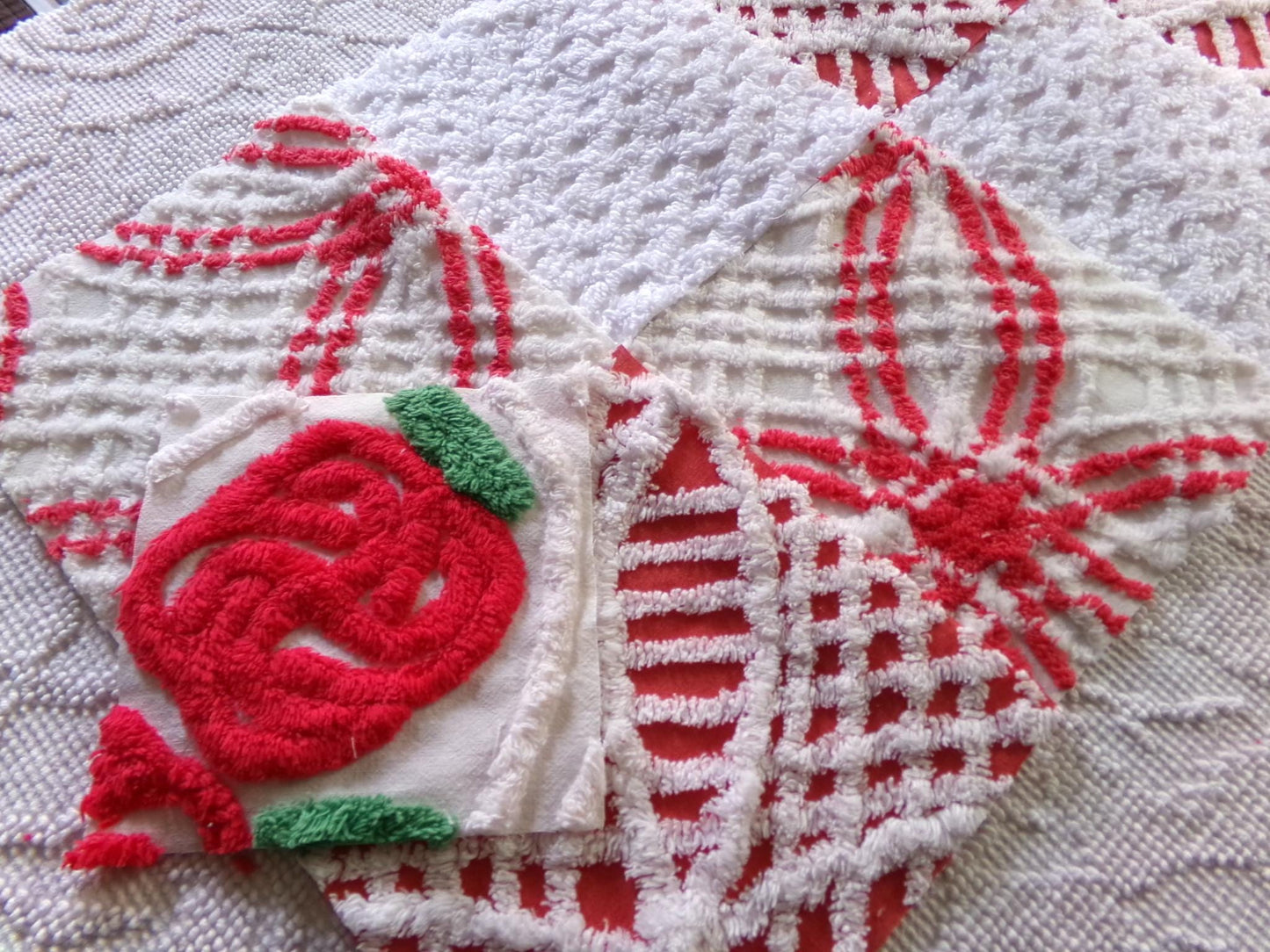 rose red & white chenille fabric squares, 7.5" vintage quilt blocks, set of 8 for sewing, Christmas crafts, quilting