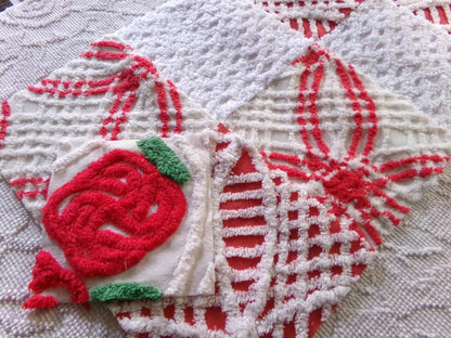 rose red & white chenille fabric squares, 7.5" vintage quilt blocks, set of 8 for sewing, Christmas crafts, quilting
