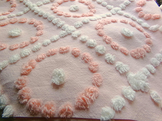 peach circle dots vintage chenille fabric, geometric popcorn design, 24" x 18" cut piece for crafts, sewing & quilting
