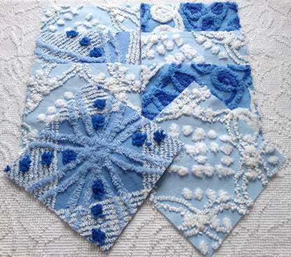 starry mystic chenille fabric squares, set of 8 vintage 7.5" quilt blocks, twilight blue & white, for sewing, crafts, quilting