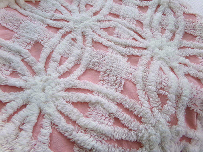 quilter's favorite chenille fabric, classic pink & white spider tufted sewing material, 20" x 24" inch piece from vintage chenille bedspread