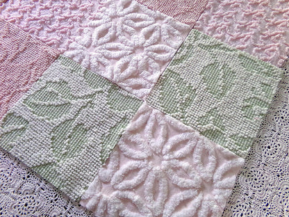 Garden Walk Chenille Quilt Squares Set from Vintage Bedspread Fabric, 16 Blocks, 6" inch in Sage Green, Pink, Rose Mist & Whispers of White