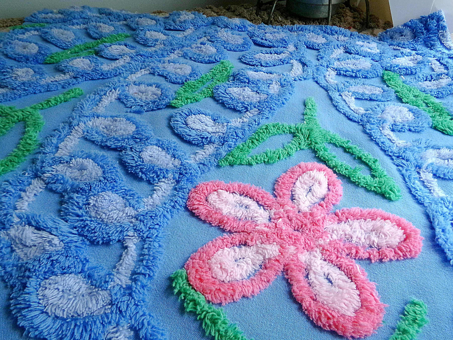 Teardrop Blue Floral Vintage Chenille Fabric, 20" x 21" Inch Piece, Great for Pillow Cover
