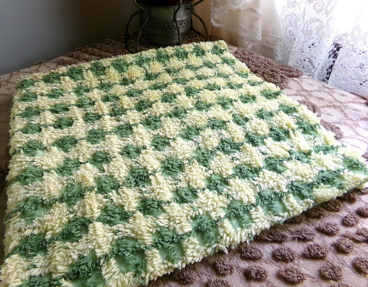 Cheerful Green & Yellow Plaid Vintage Chenille Fabric, 21" x 23" inch Piece, Soft Cotton Blend