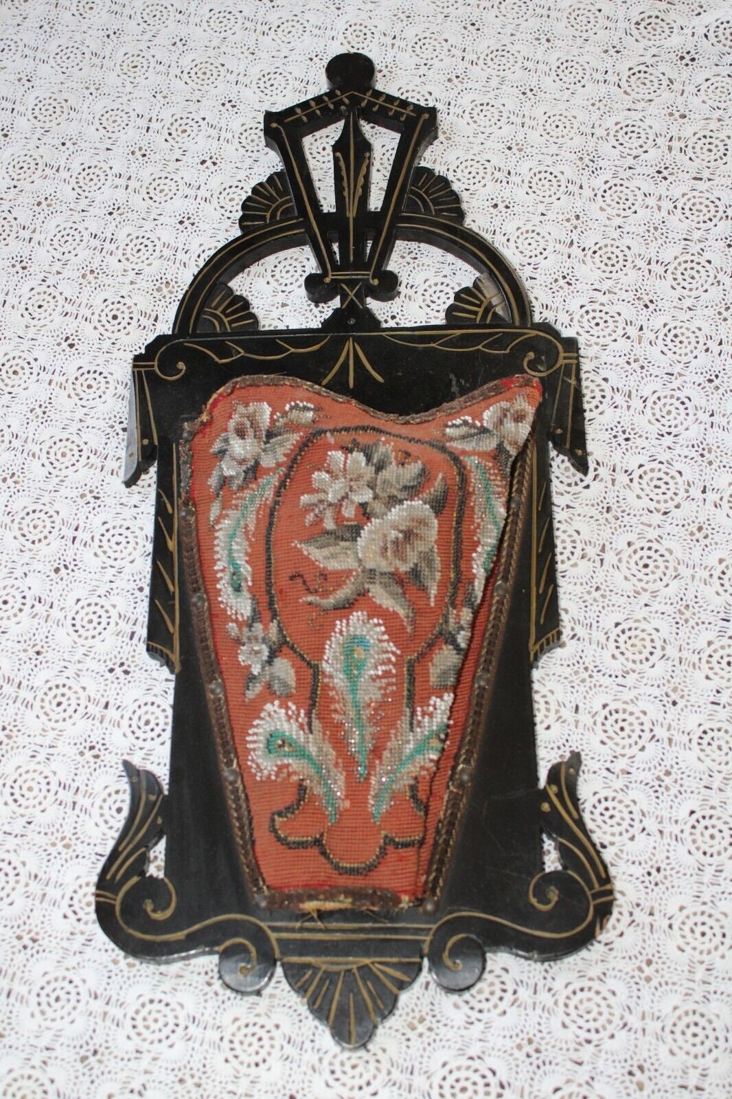 Rare Antique Ornate Victorian Eastlake 1881 Beaded Floral Wall Slipper Pocket