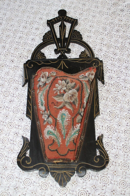 Rare Antique Ornate Victorian Eastlake 1881 Beaded Floral Wall Slipper Pocket