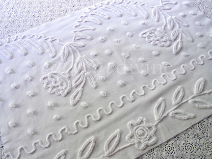 Lily White Dot Vintage Chenille Fabric Piece, 19" x 27" inches, Beautiful Farmhouse Style